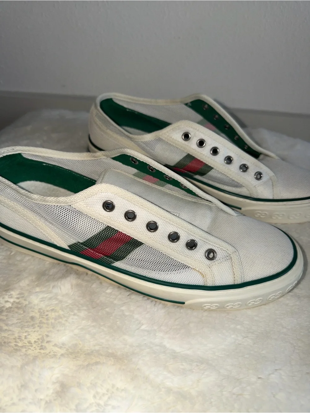 Gucci White Slip-On Canvas Loafers with Green & Red Web Stripe